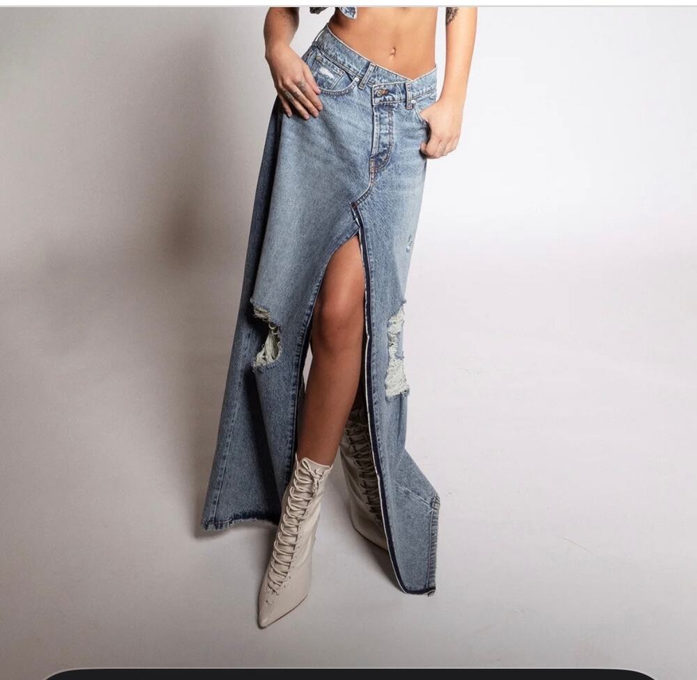 New NWT REVICE Brooklyn Double Dare Distressed Denim Maxi Skirt Size 29